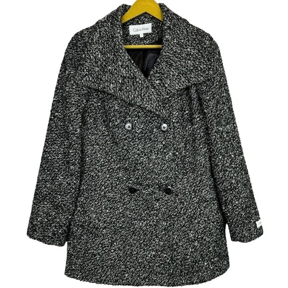 Calvin Klein Jackets & Blazers - Calvin Klein Wool Blend Pea Coat Jacket Small White Black Doble Breasted Tweed